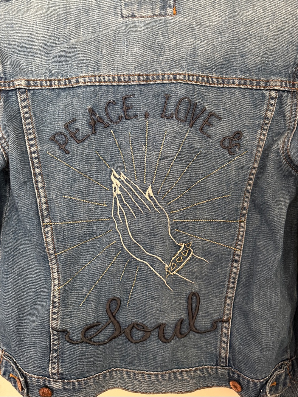 Forever 21 Cool Distressed Blue Denim Jacket with Back Embroidery Size S